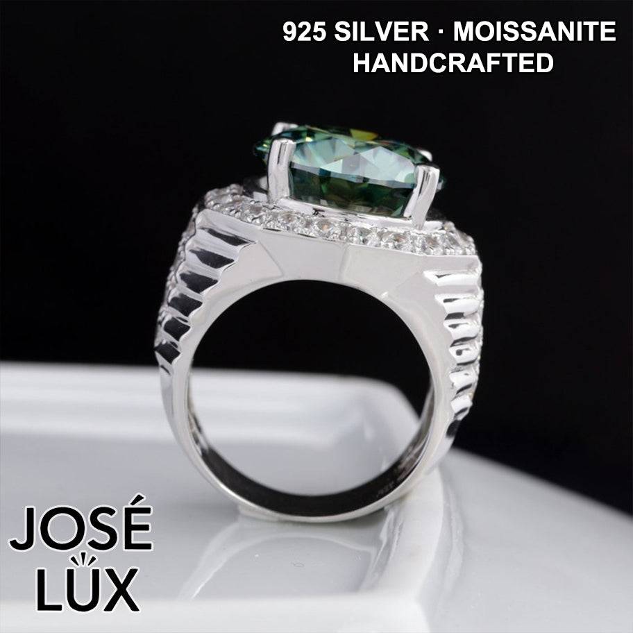 Handmade Men's Halo Ring — 925 Sterling Silver, Rhodium Plated White Gold Finish, 15mm Blue-Green Moissanite & Swiss CZ Halo