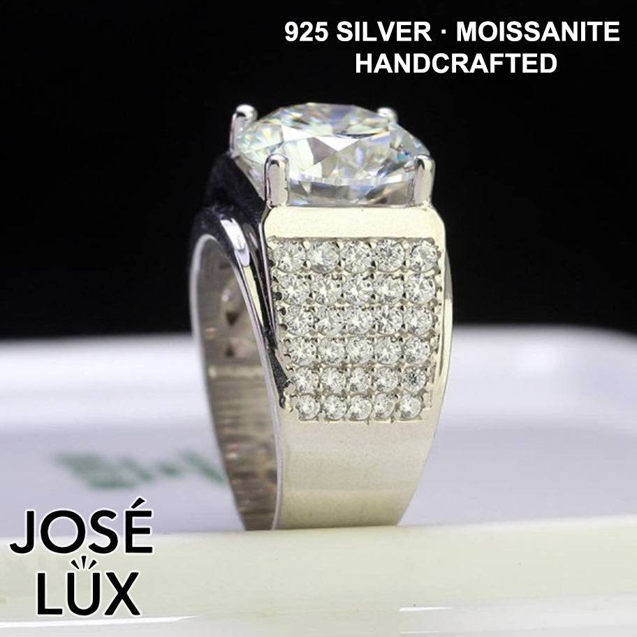 Handmade Men's Solitaire Pavé Ring — 925 Sterling Silver, Rhodium Plated White Gold Finish, 12mm Moissanite & CZ