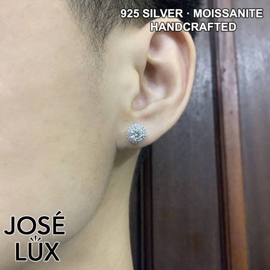 Handmade Men’s Round Halo Stud Earring — 925 Sterling Silver, Rhodium Plated White Gold Finish, GRA Moissanite 0.8ct