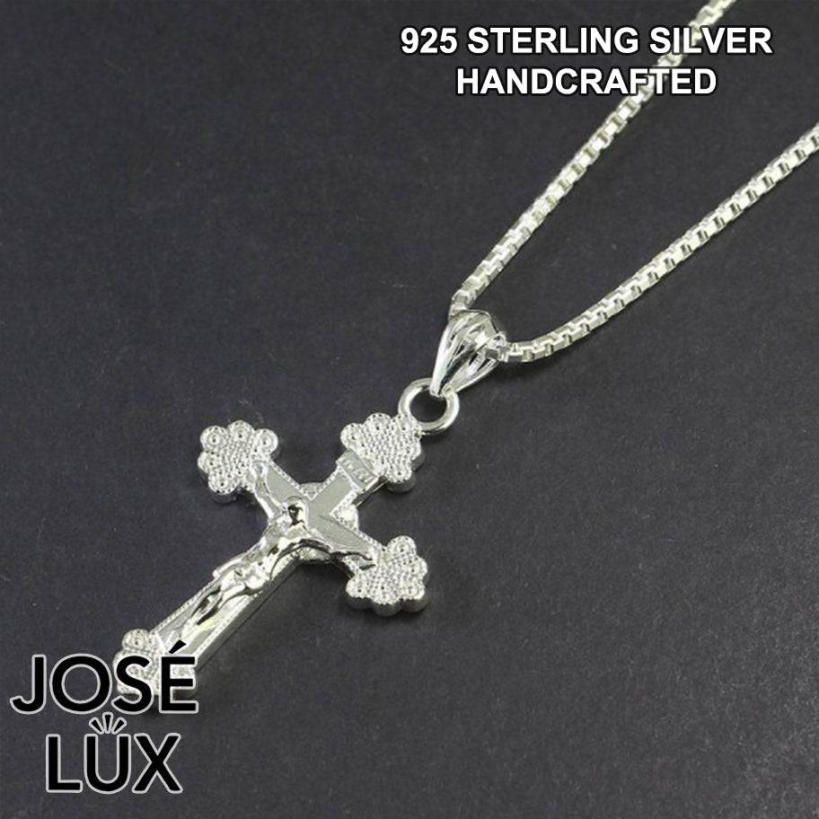 Handmade 925 Sterling Silver Crucifix Pendant Necklace for Men — Rhodium Plated White Gold Finish, Sculpted Jesus Corpus, Ornate Trefoil Arm Caps