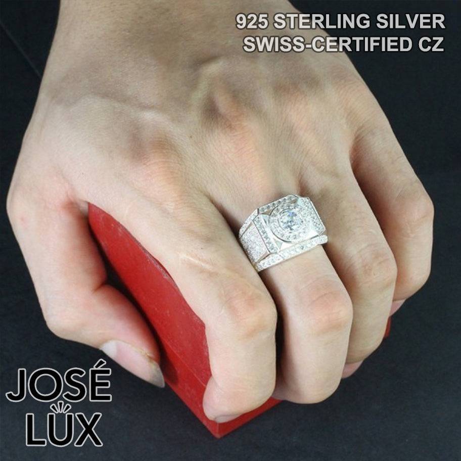 Handmade Men’s Double Halo CZ Ring — 925 Sterling Silver, Rhodium Plated White Gold Finish, Swiss-Certified CZ