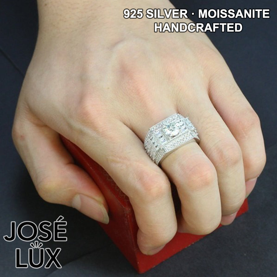 Handmade Men's Moissanite Bust Down Ring — 925 Sterling Silver, Rhodium Plated White Gold Finish, 7.5mm Moissanite & Swiss CZ
