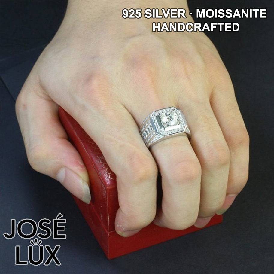 Handmade Men's Halo Solitaire Ring — 925 Sterling Silver, Rhodium Plated White Gold Finish, GRA Moissanite
