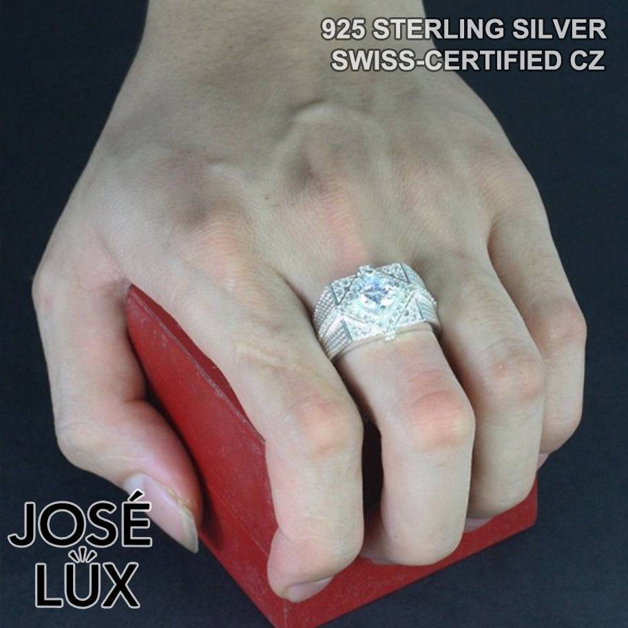 Handmade Men’s Diamond-Shape Halo CZ Ring — 925 Sterling Silver, Rhodium Plated White Gold Finish, Swiss-Certified CZ