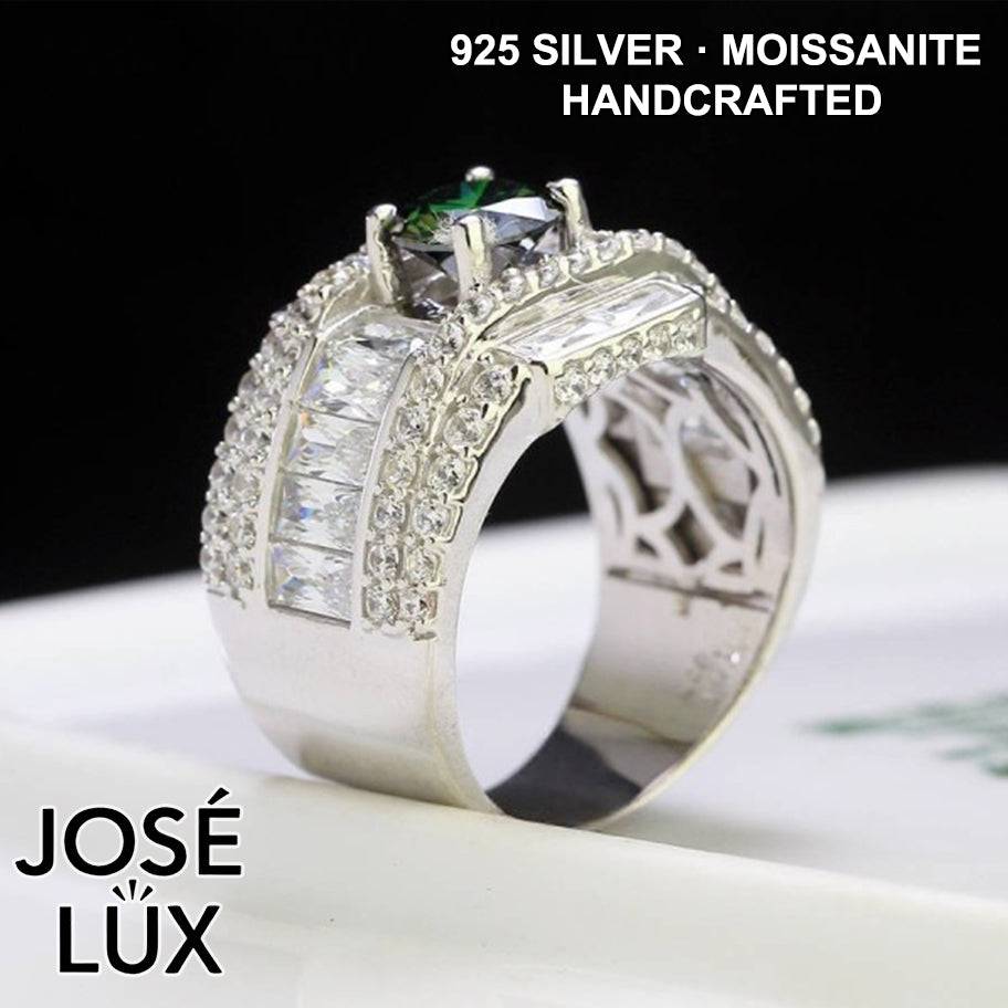 Handmade Men's Green Moissanite Wide Band Ring — 925 Sterling Silver, Rhodium Plated White Gold Finish, GRA Moissanite