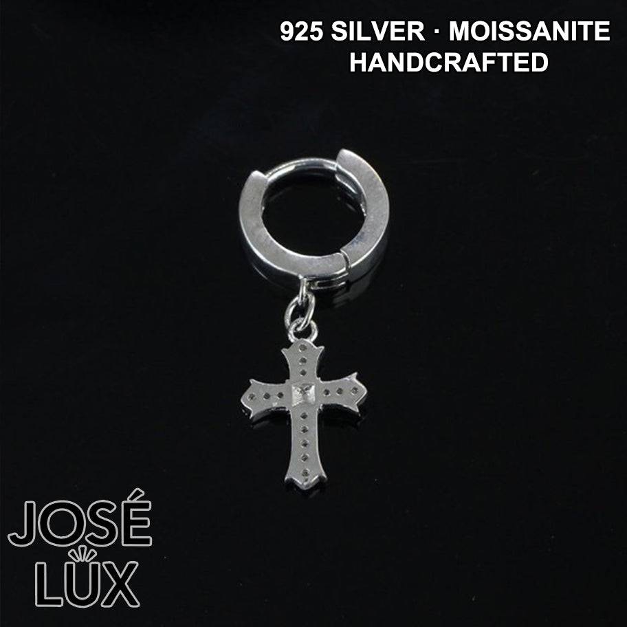 Handmade Men’s Cross Huggie Dangle Earring — 925 Sterling Silver, Rhodium Plated White Gold Finish, Full Moissanite Cross Pendant