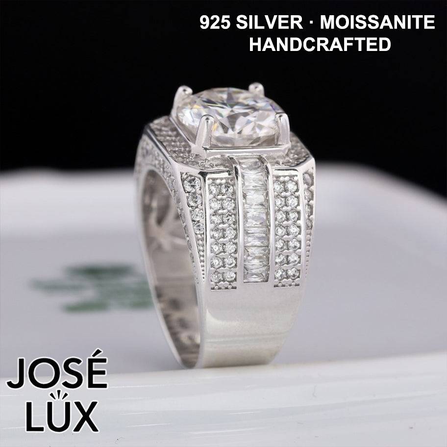 Handmade Men's Square Halo Ring with Baguette Channel — 925 Sterling Silver, Rhodium Plated White Gold Finish, Moissanite & CZ