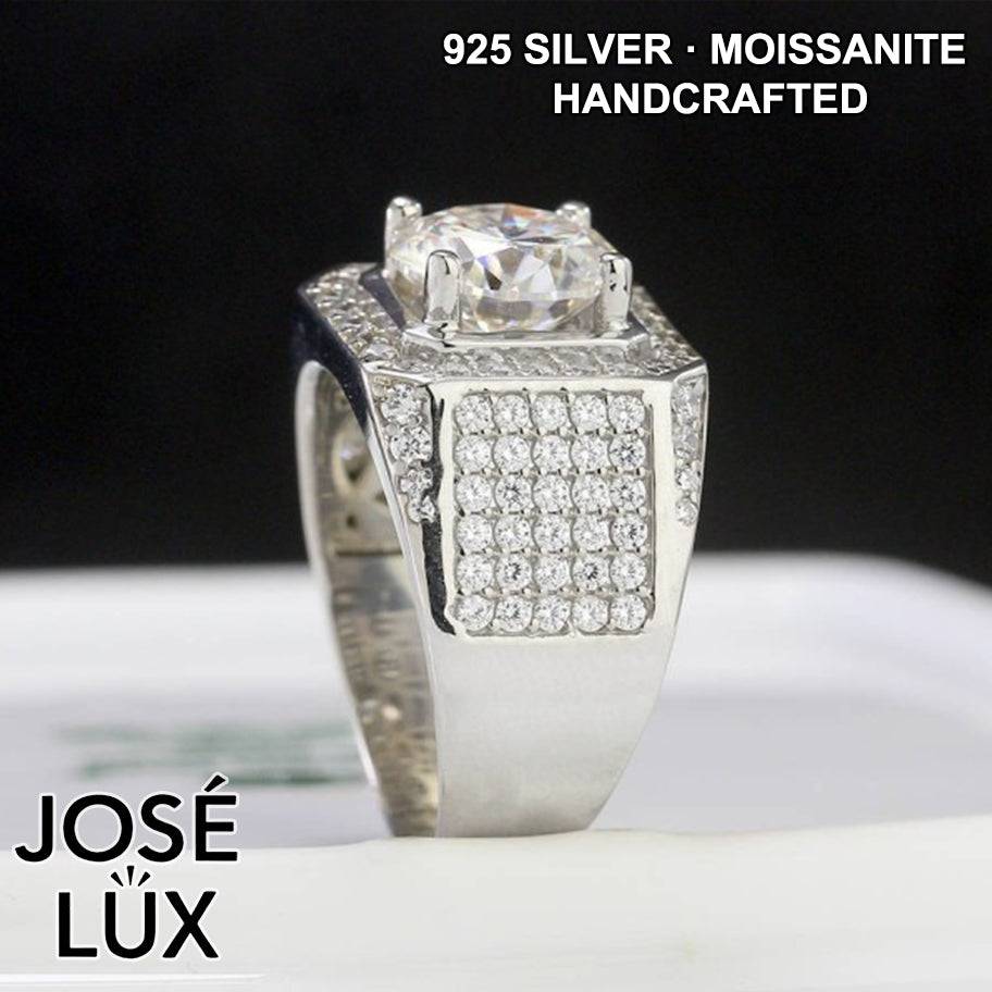 Handmade Men's Square Halo Ring — 925 Sterling Silver, Rhodium Plated White Gold Finish, 4ct Moissanite & CZ
