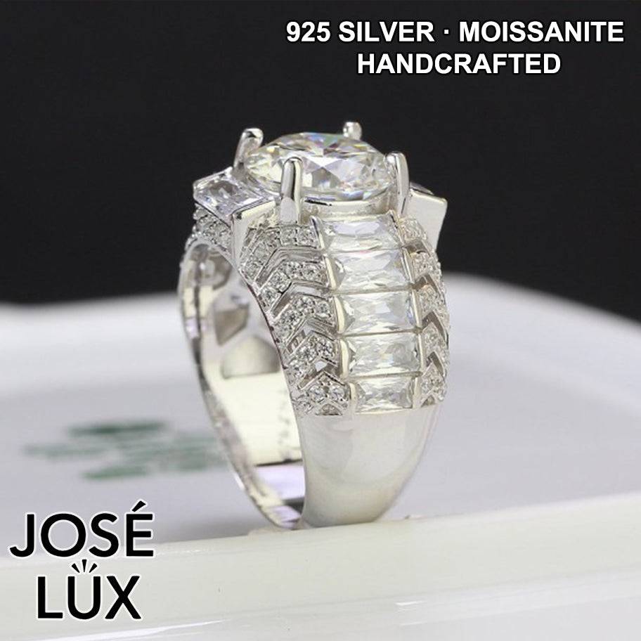 Handmade Men's Round Center Ring with Baguette Side Stones and Chevron Pavé — 925 Sterling Silver, Rhodium Plated White Gold Finish, Moissanite & CZ