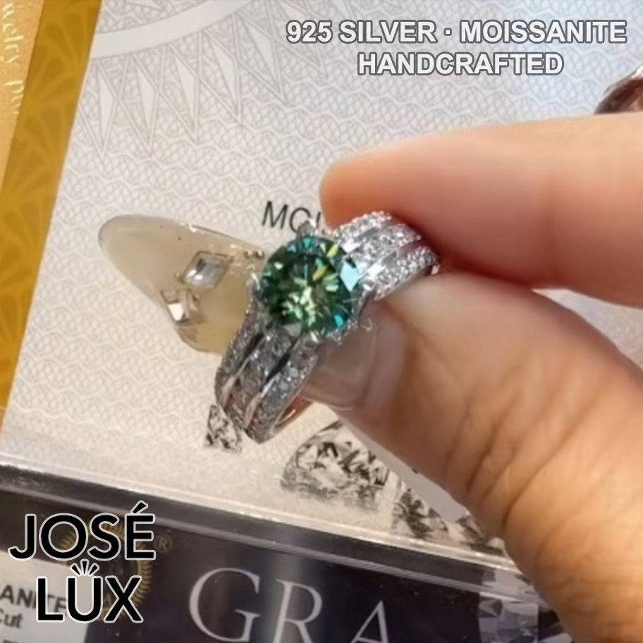 Handmade Bypass Split Shank Moissanite Ring — Green Moissanite, 925 Sterling Silver, Rhodium Plated White Gold Finish, GRA Moissanite