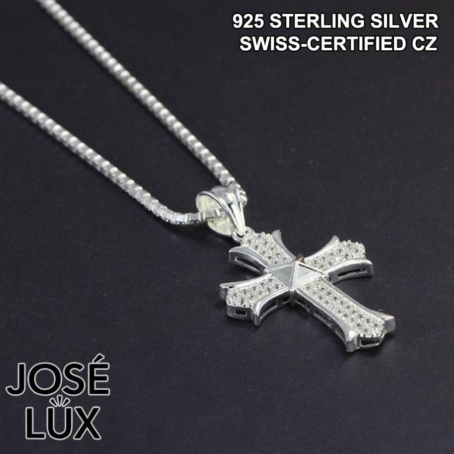 Handmade Iced Out Gothic Cross Pendant Necklace for Men — 925 Sterling Silver, Rhodium Plated White Gold Finish, Swiss CZ