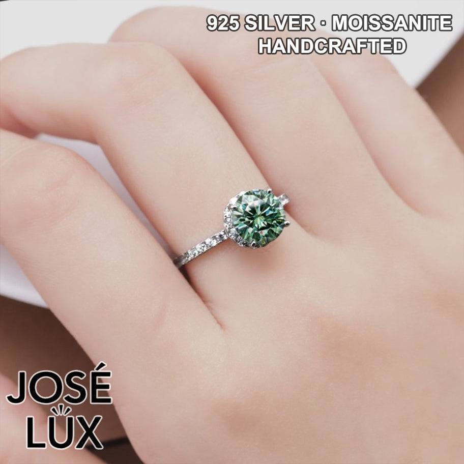 Handmade Green Moissanite Solitaire Halo Ring — 925 Sterling Silver, Rhodium Plated White Gold Finish, GRA Moissanite