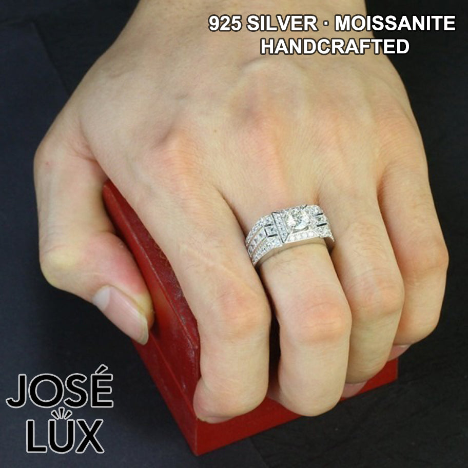 Handmade Men's Moissanite Halo Solitaire Ring — Princess Channel Band, 925 Sterling Silver, Rhodium Plated White Gold Finish
