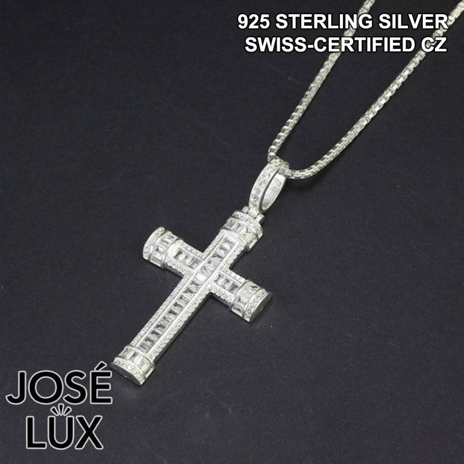 Handmade Iced Out Baguette Cross Pendant Necklace for Men — 925 Sterling Silver, Rhodium Plated White Gold Finish, Swiss CZ