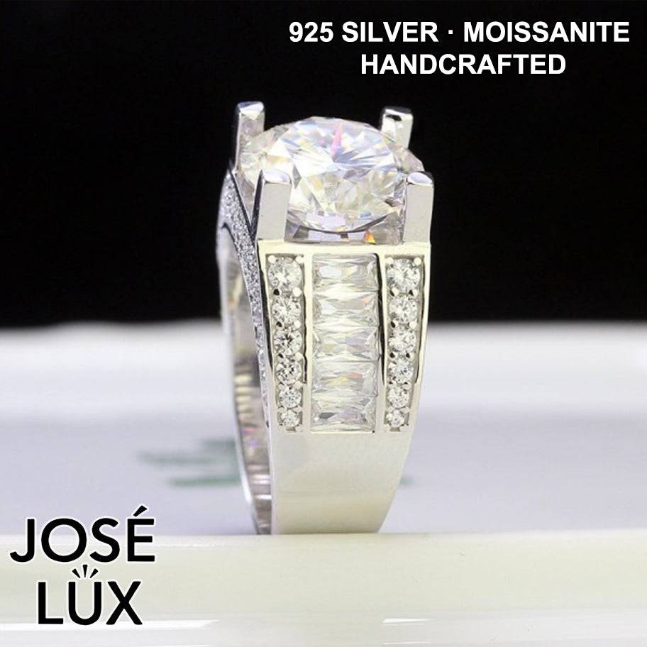 Handmade Men's Round Center Ring with Baguette Side Stones — 925 Sterling Silver, Rhodium Plated White Gold Finish, Moissanite & CZ