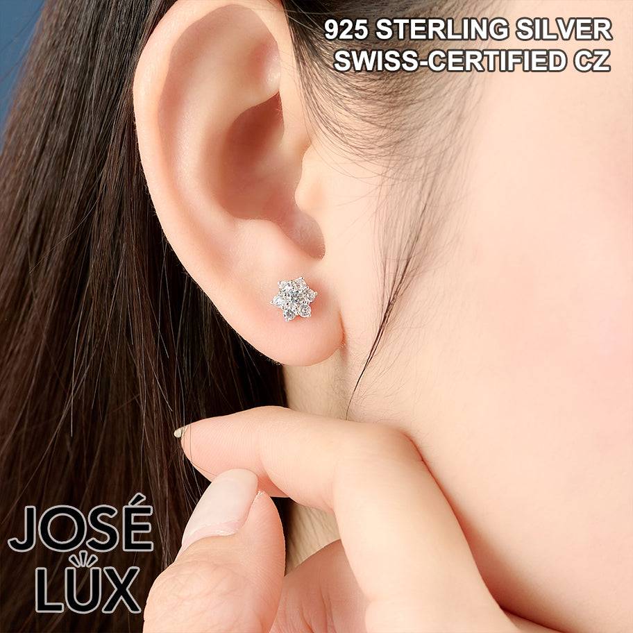Handmade Snowflake CZ Stud Earrings — 925 Sterling Silver, Rhodium Plated White Gold Finish, Swiss CZ