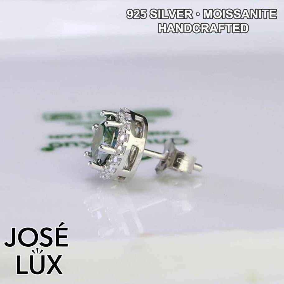 Handmade Men’s Round Halo Stud Earring — 925 Sterling Silver, Rhodium Plated White Gold Finish, Green Moissanite 0.8ct