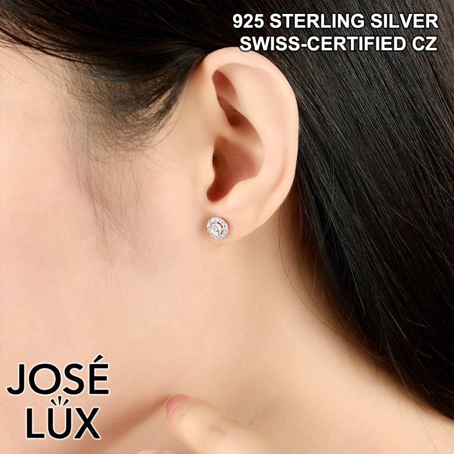 Handmade Pave Halo CZ Stud Earrings — 925 Sterling Silver, Rhodium Plated White Gold Finish, Swiss CZ