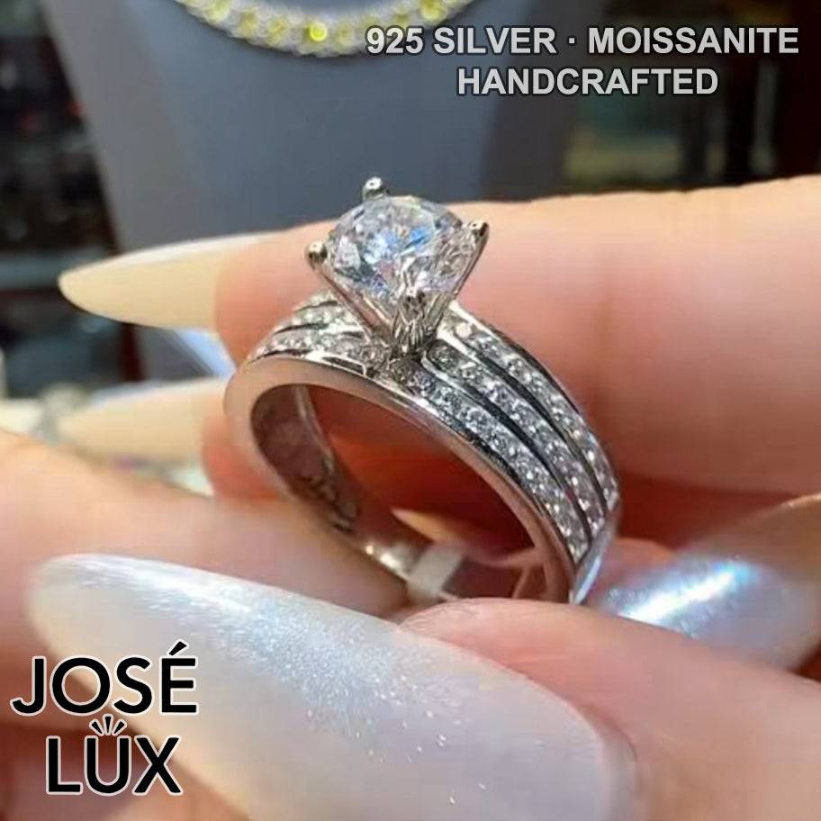Handmade Triple Row Pavé Moissanite Ring — 925 Sterling Silver, Rhodium Plated White Gold Finish, GRA Moissanite