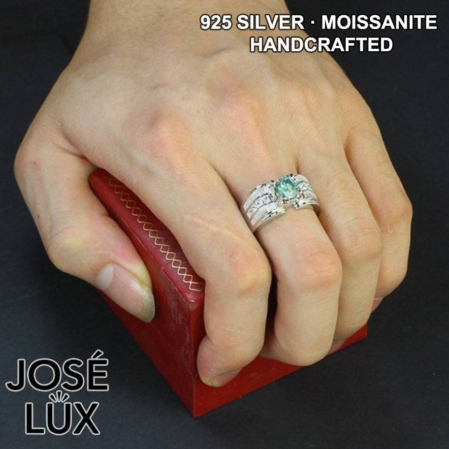 Handmade Men's Green Moissanite Solitaire Ring — 925 Sterling Silver, Rhodium Plated White Gold Finish, GRA Certified