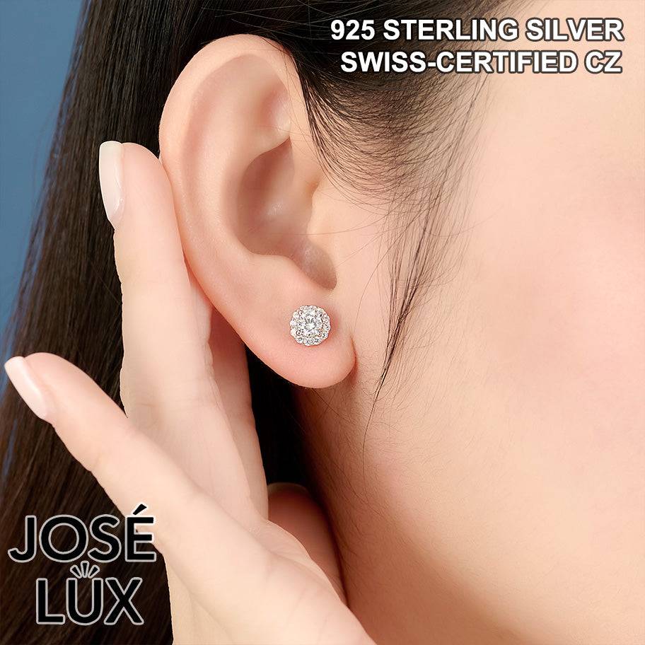 Handmade Round Halo Stud Earrings — 925 Sterling Silver, Rhodium Plated White Gold Finish, Swiss CZ