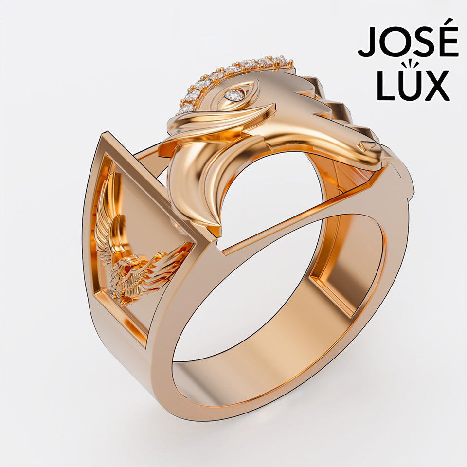 Handmade Eagle Head Signet Ring — 10K & 14K Gold, Full Moissanite Accents