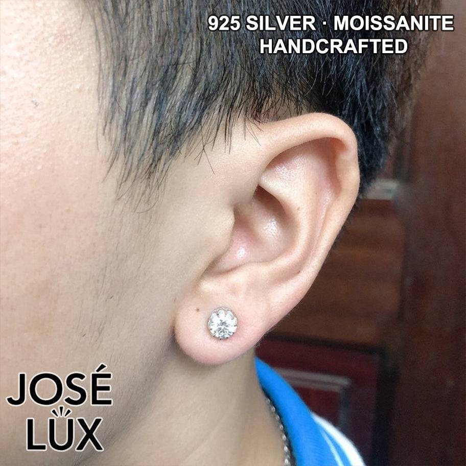 Handmade Men’s Crown Solitaire Stud Earring — 925 Sterling Silver, Rhodium Plated White Gold Finish, GRA Moissanite 0.8ct