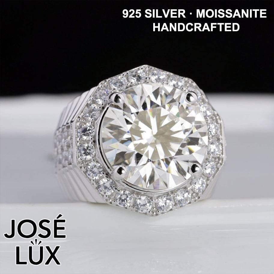 Handmade Men's Halo Ring — 925 Sterling Silver, Rhodium Plated White Gold Finish, 15mm White Moissanite & Swiss CZ Halo