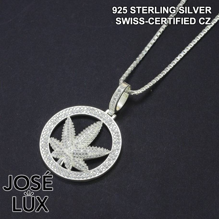 Handmade Iced Out Weed Leaf Pendant Necklace for Men — 925 Sterling Silver, Rhodium Plated White Gold Finish, Swiss CZ
