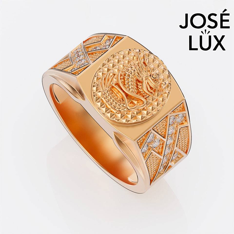 Handmade Dragon Signet Ring — 10K & 14K Gold, Full Moissanite Accents