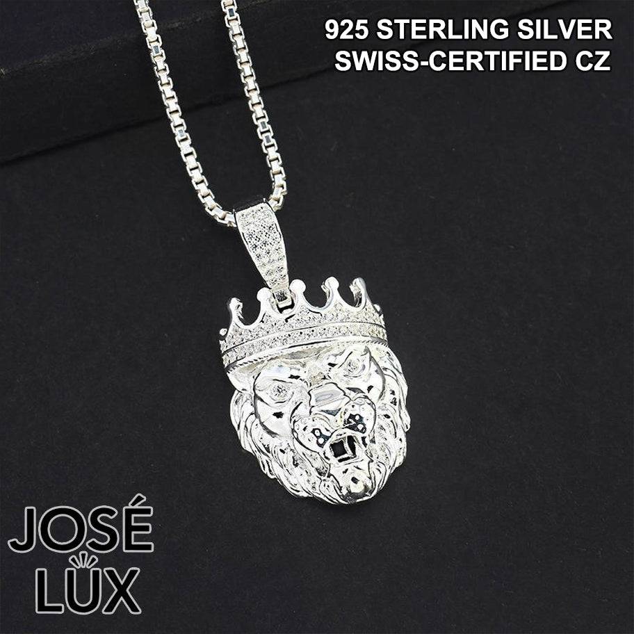 Handmade Lion King Crown Pendant Necklace for Men — 925 Sterling Silver, Rhodium Plated White Gold Finish, Swiss CZ