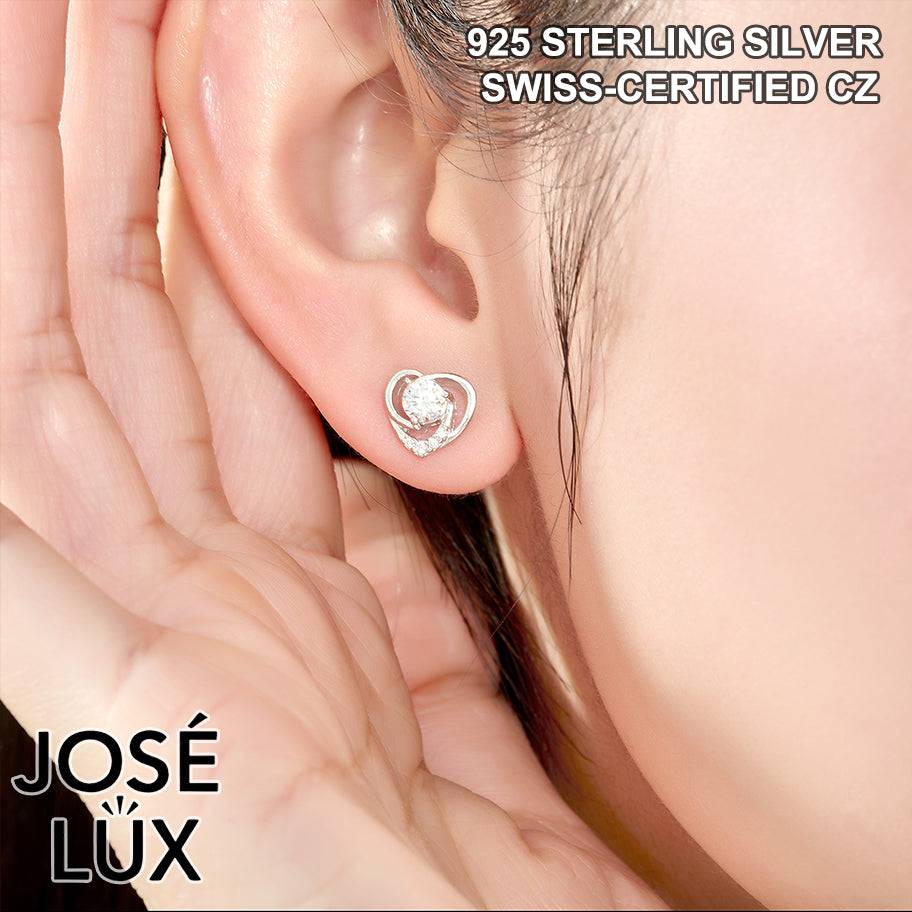 Handmade Heart Swirl CZ Stud Earrings — 925 Sterling Silver, Rhodium Plated White Gold Finish, Swiss CZ