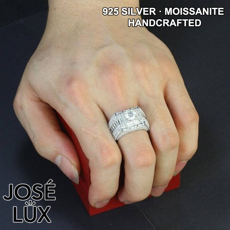 Handmade Men's Iced Out Moissanite Baguette Cluster Ring — 925 Sterling Silver, Rhodium Plated White Gold Finish, GRA Moissanite
