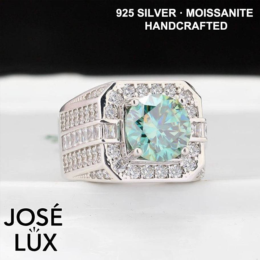 Handmade Men's Round Center Halo Ring with Baguette Side Stones — 925 Sterling Silver, Rhodium Plated White Gold Finish, Blue-Green Moissanite & CZ