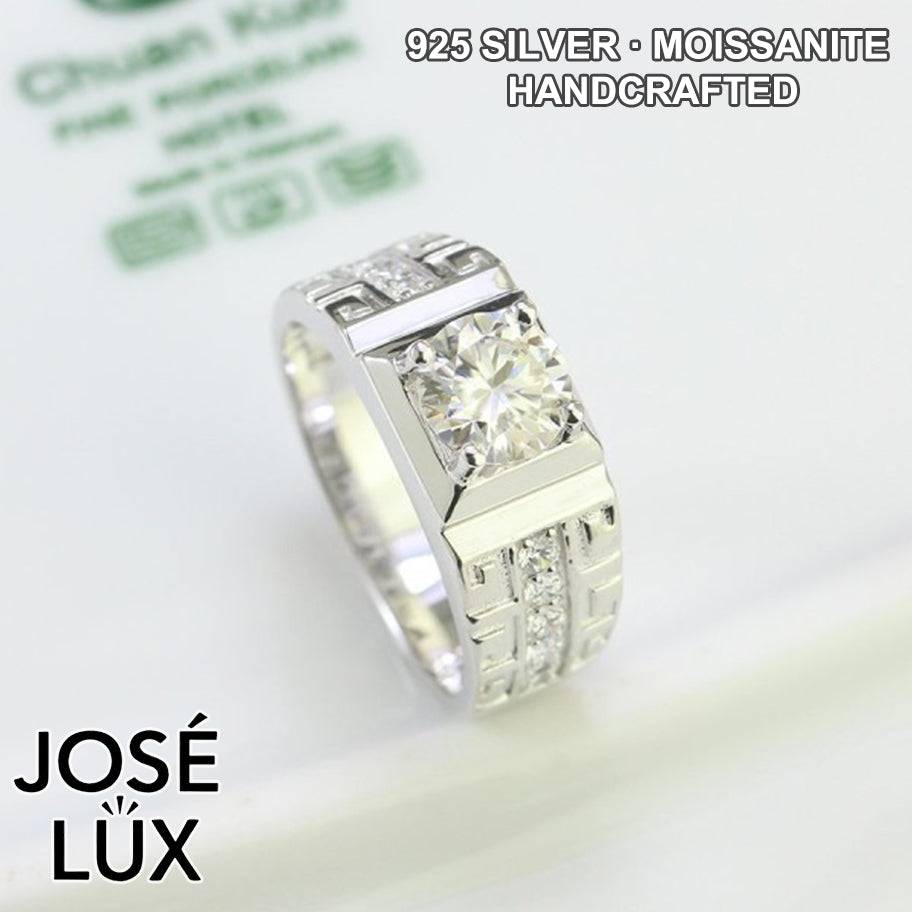 Handmade Men’s Greek Key Solitaire Ring — 925 Sterling Silver, Rhodium Plated White Gold Finish, GRA Moissanite