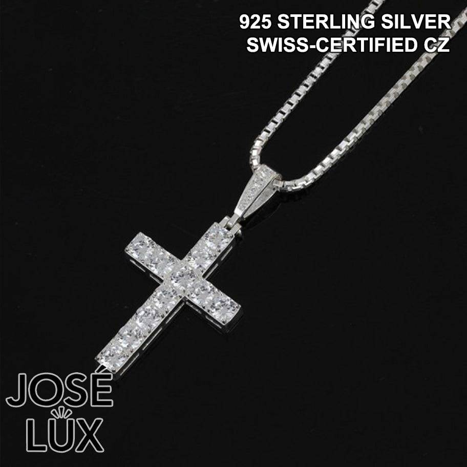 Handmade Iced Out Cross Pendant Necklace for Men — 925 Sterling Silver, Rhodium Plated White Gold Finish, Swiss CZ