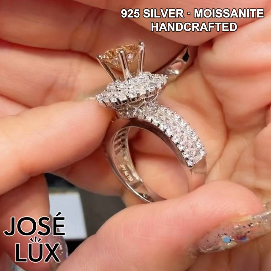 Handmade Champagne Moissanite Halo Ring — 925 Sterling Silver, Rhodium Plated White Gold Finish, GRA Moissanite