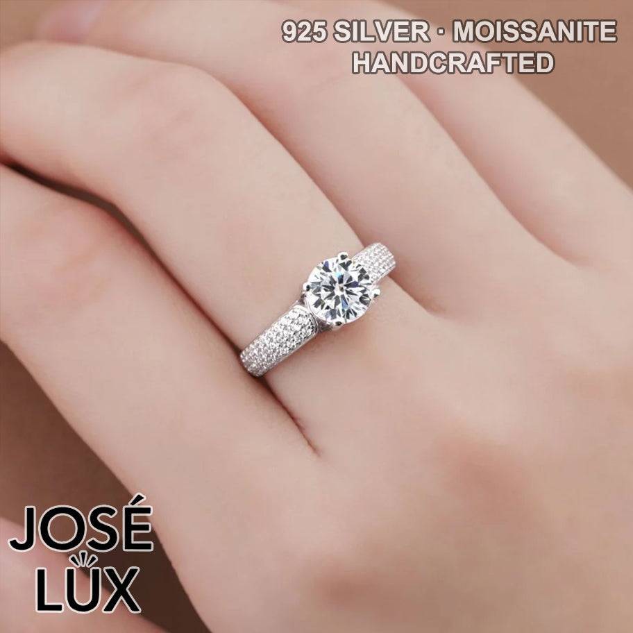 Handmade Triple Row Micropavé Ring — 925 Sterling Silver, Rhodium Plated White Gold Finish, GRA Moissanite 1.2ct