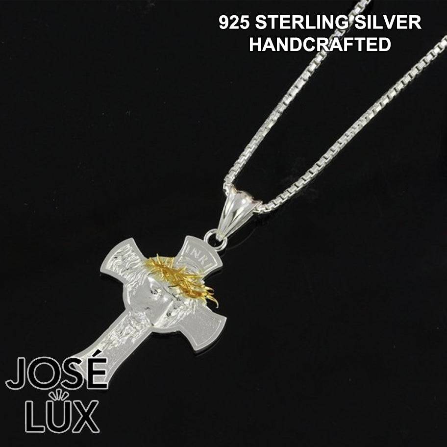 Handmade Jesus Face Cross Pendant Necklace for Men — 925 Sterling Silver, Two-Tone Gold Crown of Thorns, Rhodium Plated White Finish