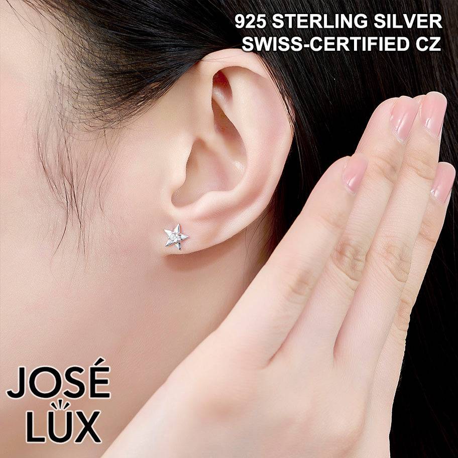 Handmade Star Stud Earrings — 925 Sterling Silver, Rhodium Plated White Gold Finish, Swiss CZ Center Stone