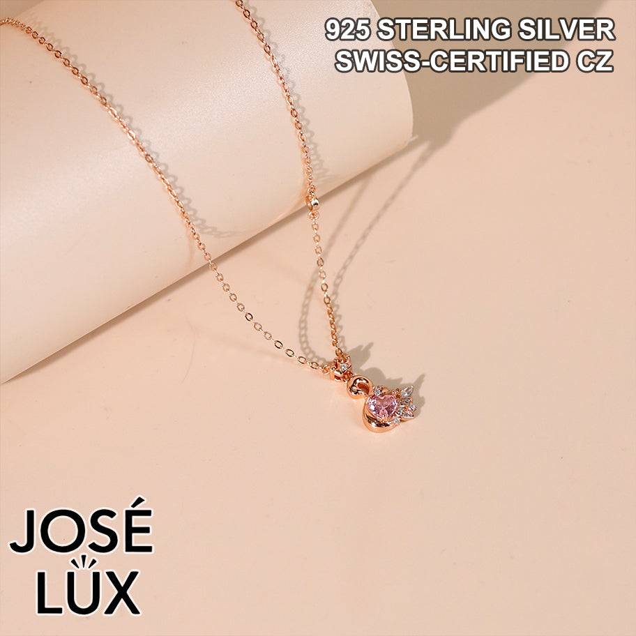Handmade Swan Pendant Necklace — 925 Sterling Silver, Rose Gold Rhodium Plating, Pink CZ Heart Body, White CZ Crown and Tail