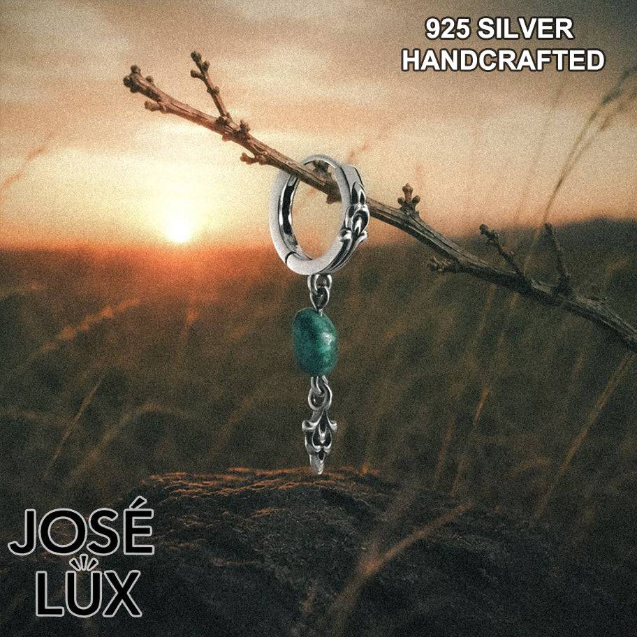 Handmade Turquoise Dangle Huggie Earring — Men's 925 Sterling Silver, Raw Natural Stone & Hand-Cast Silver Charm