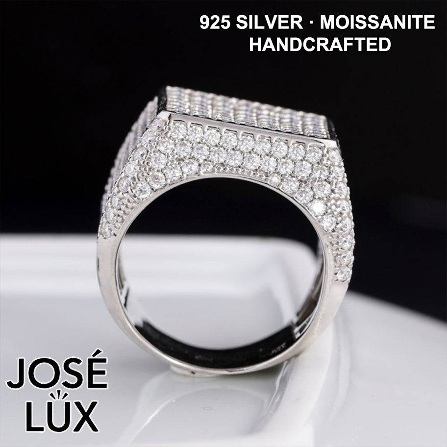 Handmade Men's Square Cluster Ring — 925 Sterling Silver, Rhodium Plated White Gold Finish, GRA Moissanite