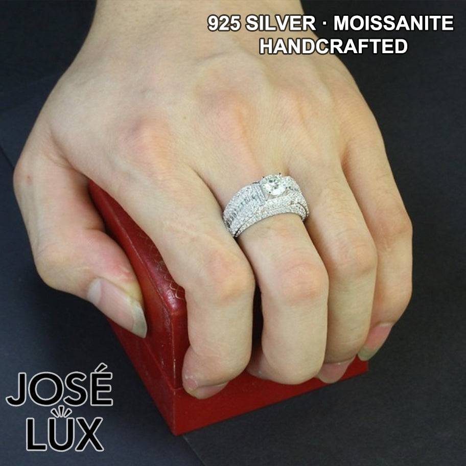 Handmade Men's Moissanite Iced-Out Wide Band Ring — 925 Sterling Silver, Rhodium Plated White Gold Finish, GRA Moissanite