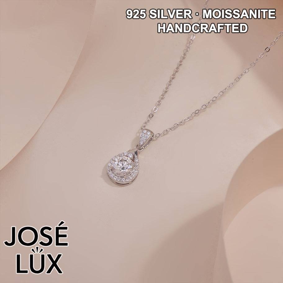 Handmade Teardrop Halo Moissanite Pendant Necklace — 925 Sterling Silver, Rhodium Plated White Gold Finish, GRA Moissanite