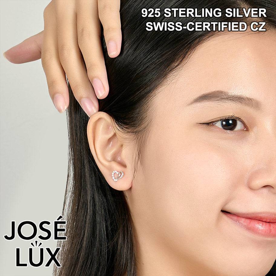 Handmade Open Heart Stud Earrings — 925 Sterling Silver, Rhodium Plated White Gold Finish, Swiss CZ
