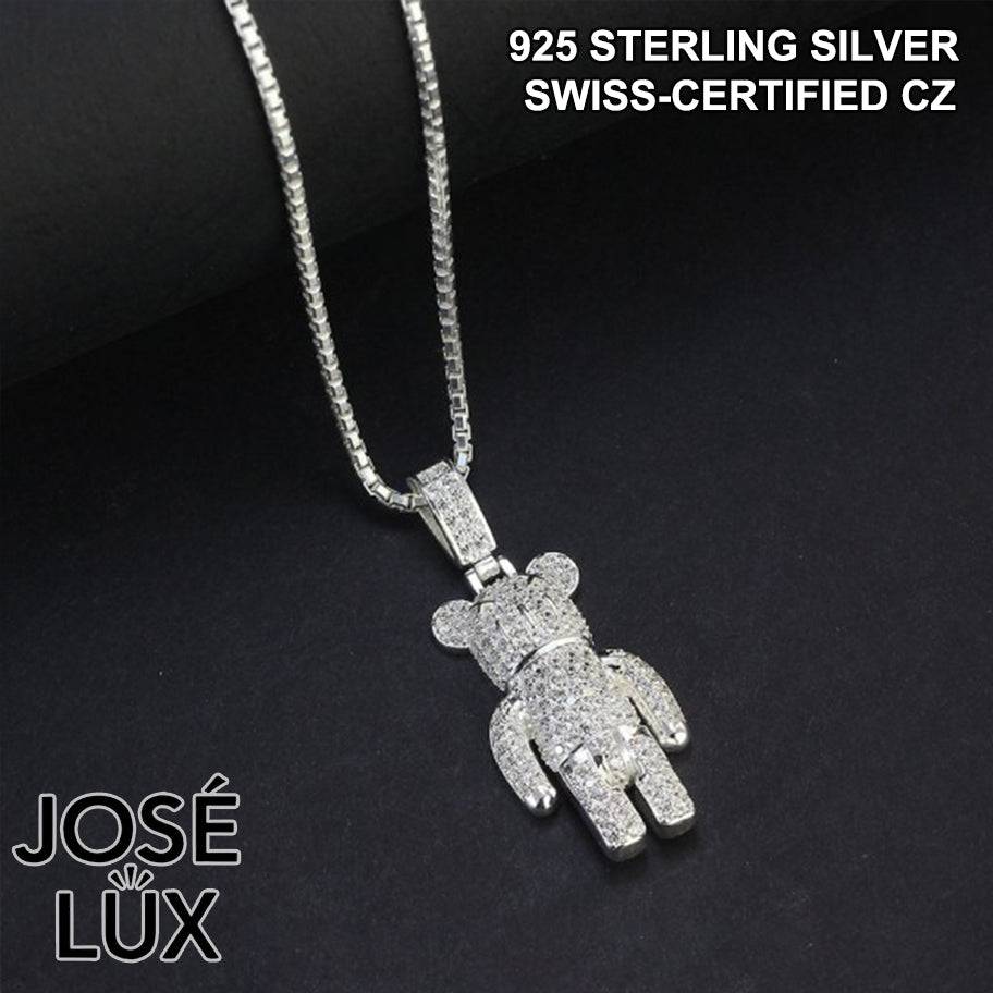 Handmade Iced Out Brick Bear Pendant Necklace for Men — 925 Sterling Silver, Rhodium Plated White Gold Finish, Swiss CZ
