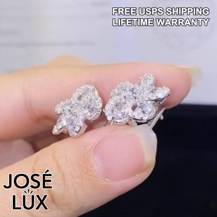 Handmade Moissanite Flower Clip-On Earrings — 925 Sterling Silver, Rhodium Plated White Gold Finish, GRA Moissanite