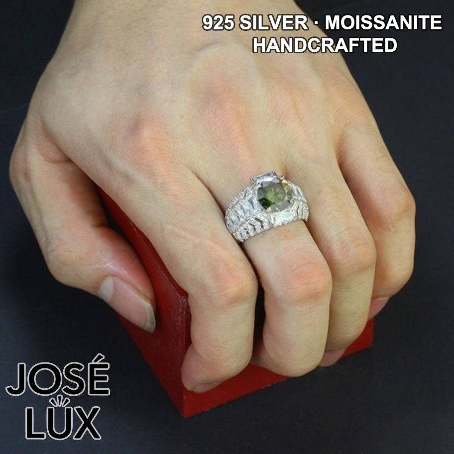 Handmade Men's Round Center Ring with Baguette Side Stones and Chevron Pavé — 925 Sterling Silver, Rhodium Plated White Gold Finish, Moissanite & CZ