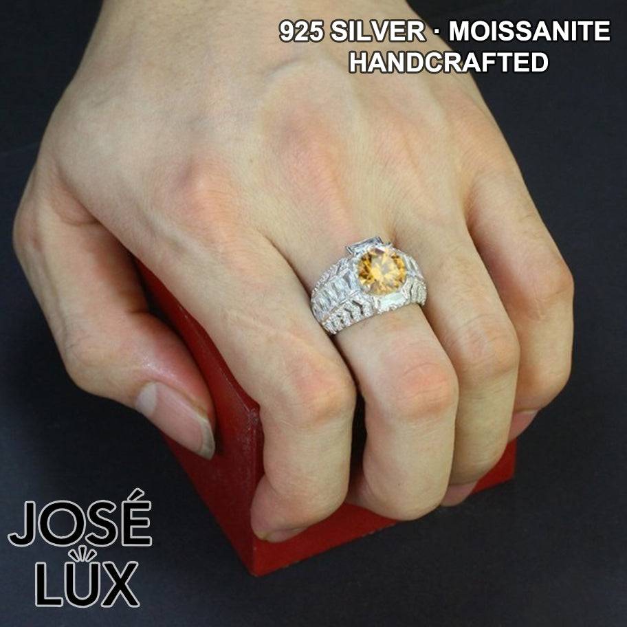 Handmade Men's Round Center Ring with Baguette Side Stones and Chevron Pavé — 925 Sterling Silver, Rhodium Plated White Gold Finish, Moissanite & CZ